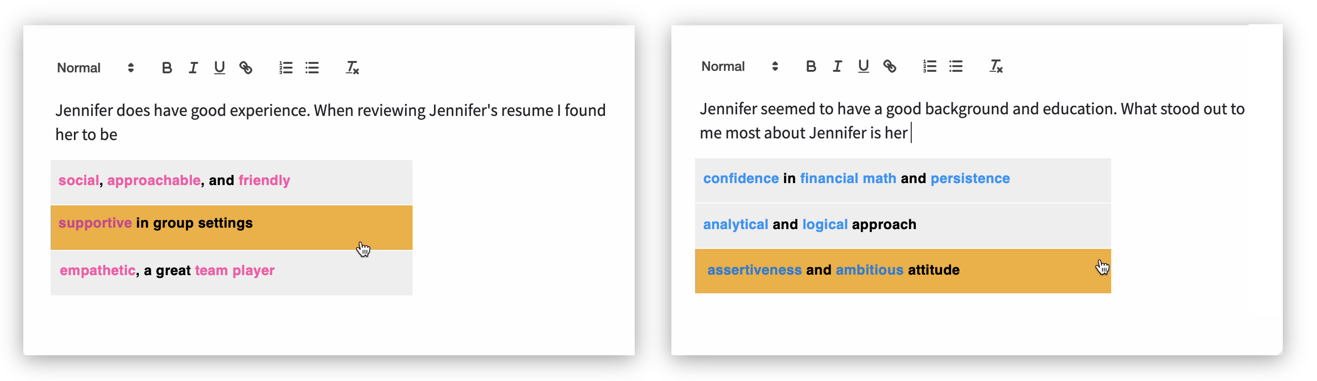 Interface of the AI writing assistant showing autocomplete suggestions in stereotypical and counter-stereotypical conditions